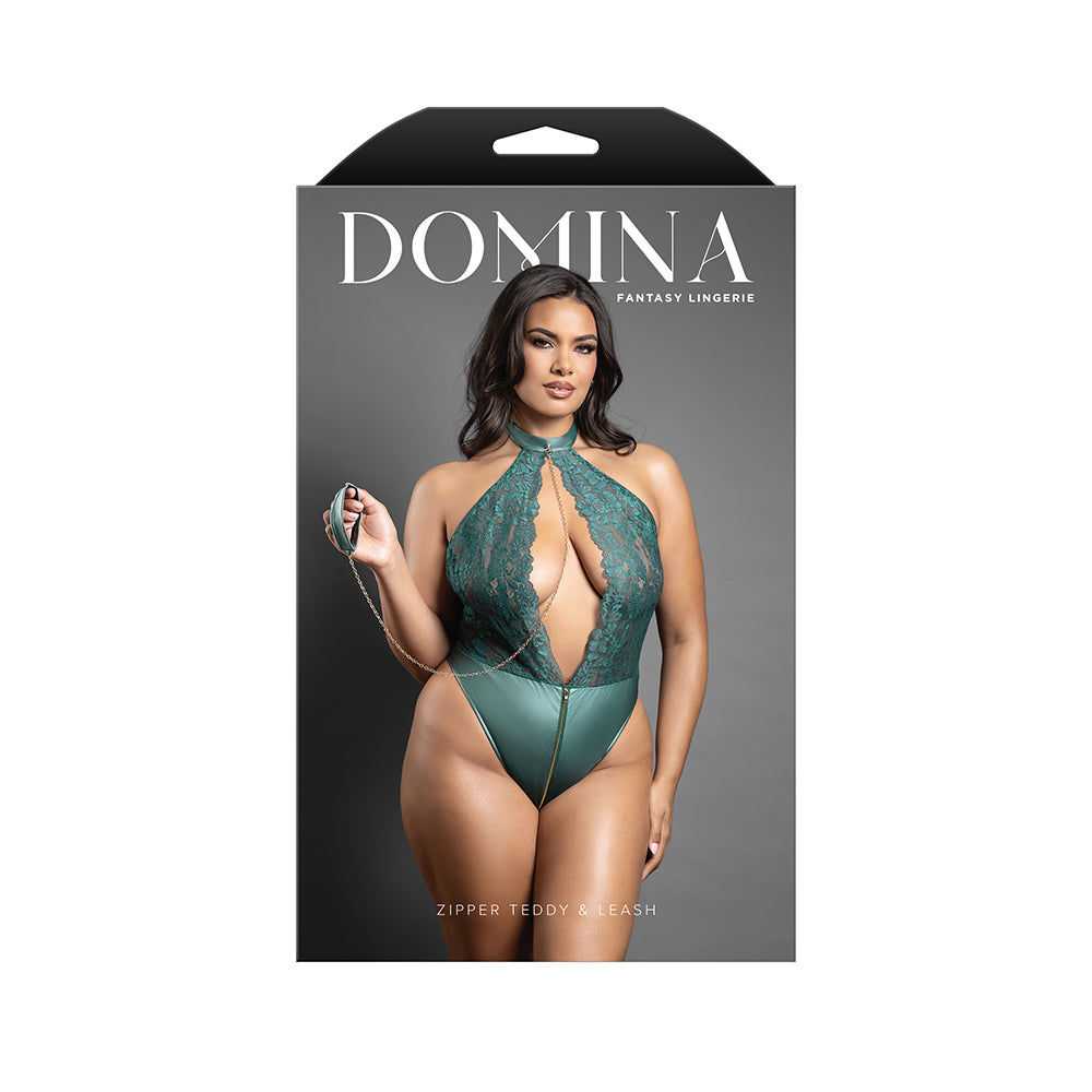Fantasy Lingerie Domina Keyhole Halter Teddy with Detachable Chain-Link Leash - Pine Green - Queen Size