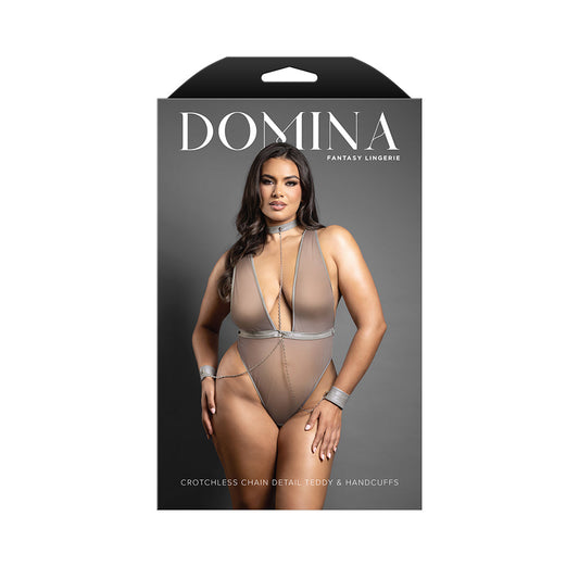 Fantasy Lingerie Domina Crotchless Plunge Teddy with Chain-Link Choker & Detachable Cuffs – Gray, Queen Size