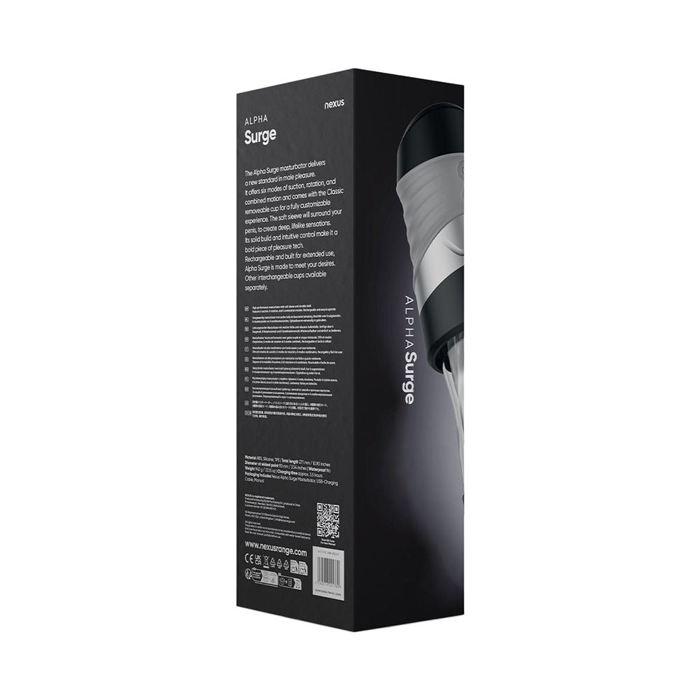 Nexus Alpha Surge Masturbator – Six Modes of Suction and Rotation – Black/Clear