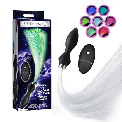 XR Brands Booty Sparks Vibrating Silicone Butt Plug with Optical Fiber Tail – Black/Clear