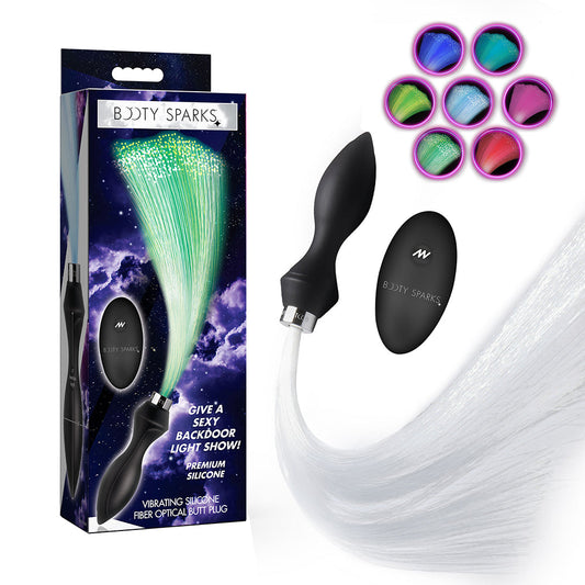 XR Brands Booty Sparks Vibrating Silicone Butt Plug with Optical Fiber Tail – Black/Clear