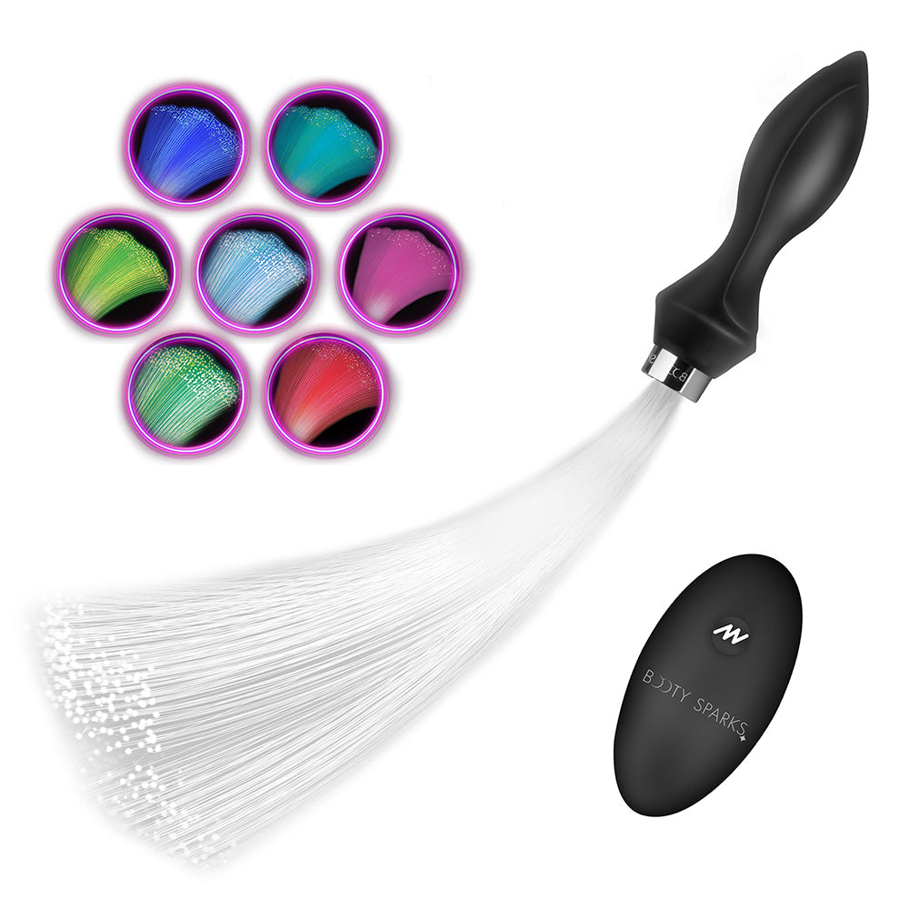 XR Brands Booty Sparks Vibrating Silicone Butt Plug with Optical Fiber Tail – Black/Clear