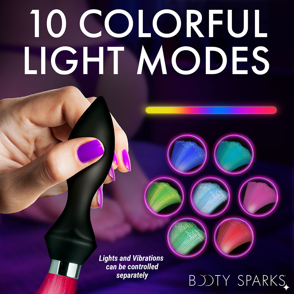 XR Brands Booty Sparks Vibrating Silicone Butt Plug with Optical Fiber Tail – Black/Clear