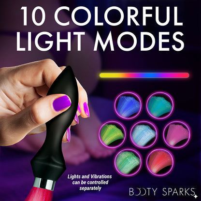 XR Brands Booty Sparks Vibrating Silicone Butt Plug with Optical Fiber Tail – Black/Clear