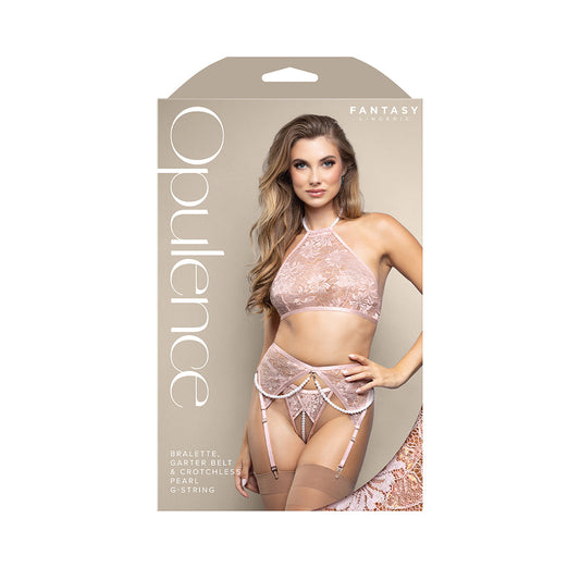 Fantasy Lingerie Opulence Pearl Halter Bralette, Garter Belt & Crotchless Pearl G-String – Light Pink, L/XL