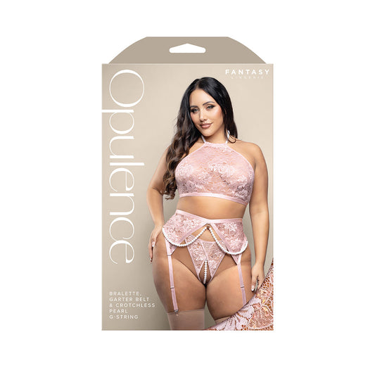 Fantasy Lingerie Opulence Pearl Halter Bralette, Garter Belt & Crotchless Pearl G-String - Light Pink - Queen Size