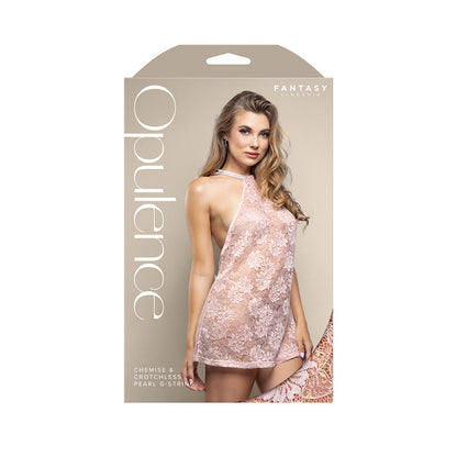 Fantasy Lingerie Opulence Pearl Draped Open-Back Halter Chemise & Crotchless Pearl G-String - Light Pink L/XL