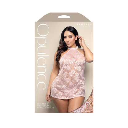 Fantasy Lingerie Opulence Pearl Draped Open-Back Halter Chemise & Crotchless Pearl G-String – Light Pink – Queen Size