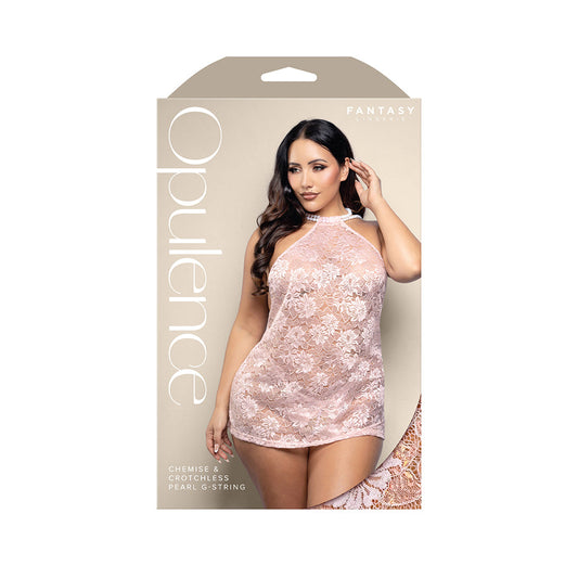Fantasy Lingerie Opulence Pearl Draped Open-Back Halter Chemise & Crotchless Pearl G-String – Light Pink – Queen Size