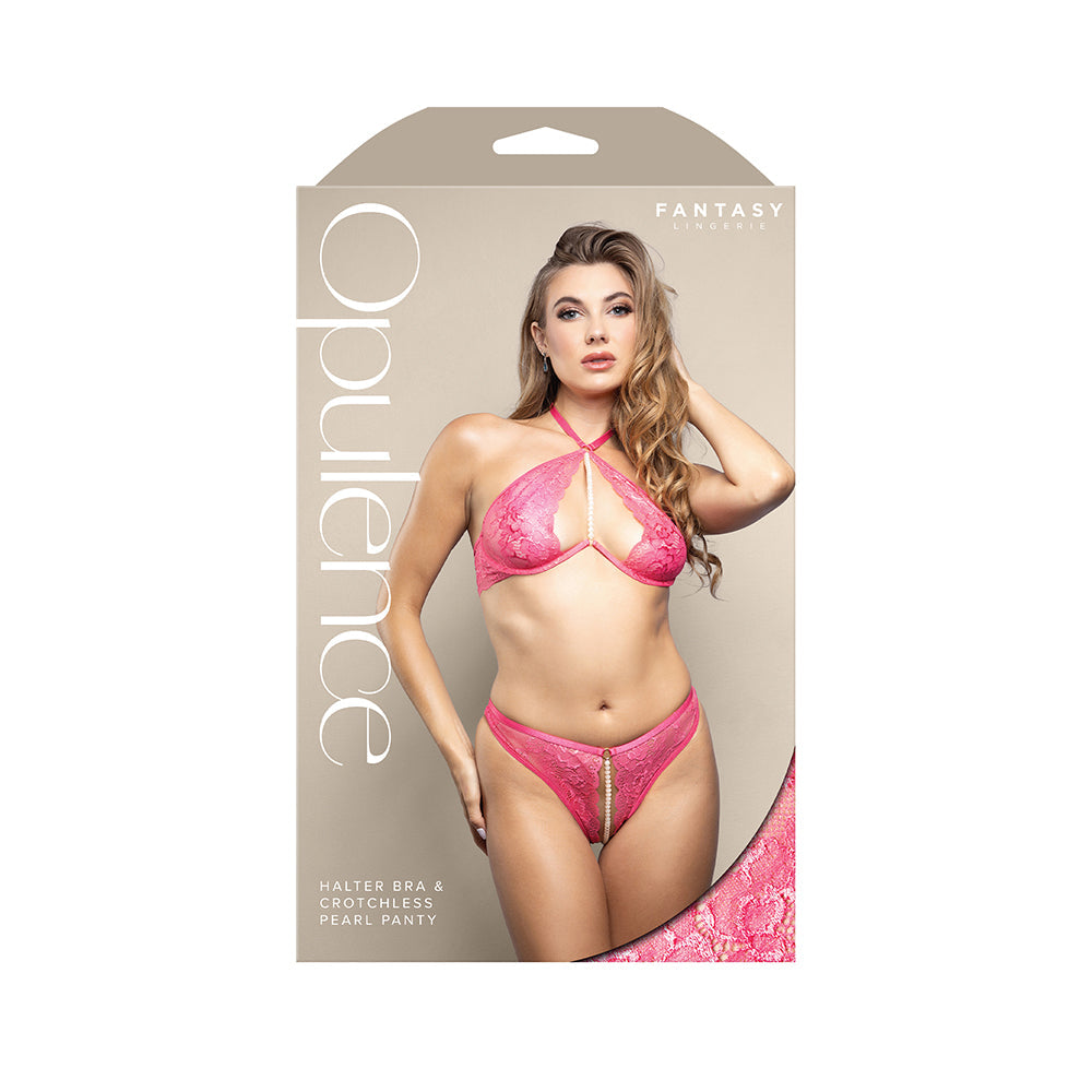 Fantasy Lingerie Opulence Halter Bra & Adjustable Crotchless Pearl Panty Set – Hot Pink S/M