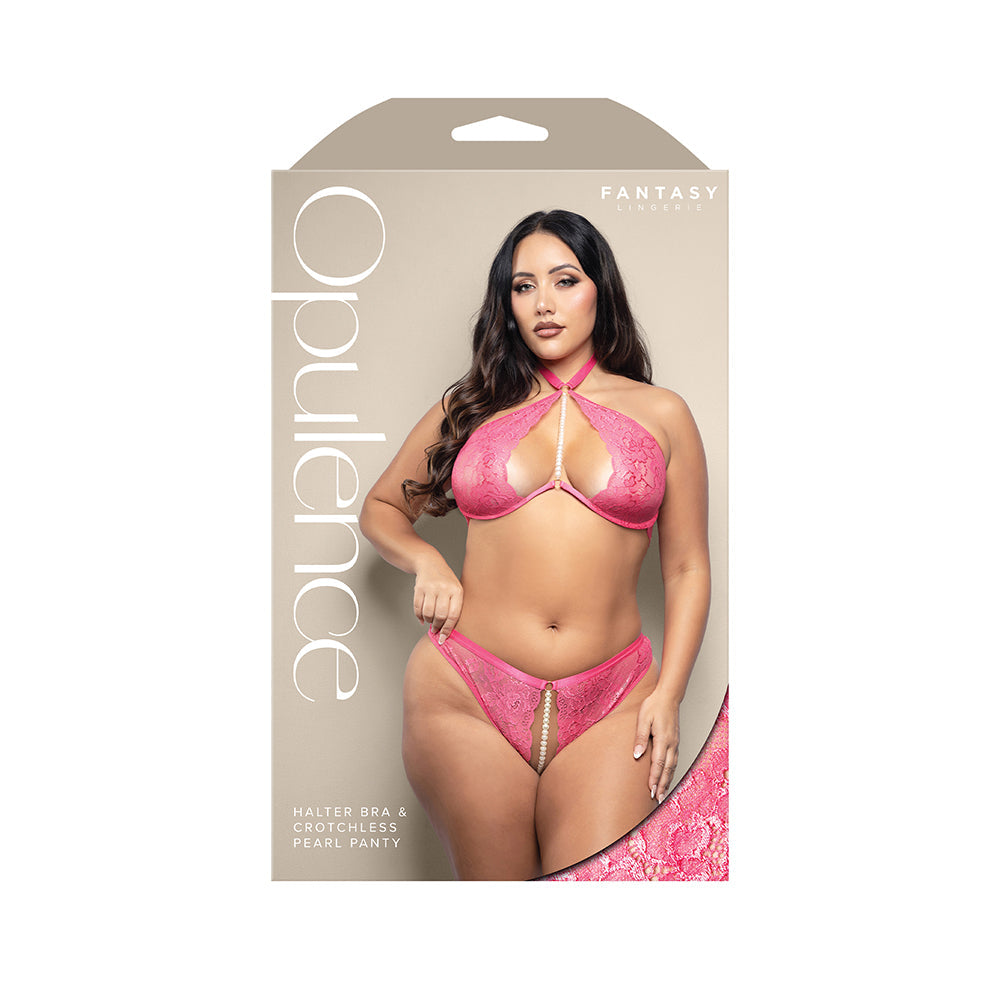 Fantasy Lingerie Opulence Halter Bra & Adjustable Crotchless Pearl Panty Set – Hot Pink, Queen Size