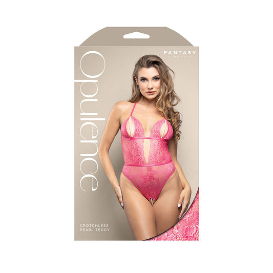 Fantasy Lingerie Opulence Split Pearl Cup Crotchless Teddy – Hot Pink, L/XL