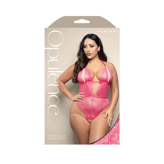 Fantasy Lingerie Opulence Split Pearl Cup Crotchless Teddy - Hot Pink - Queen Size