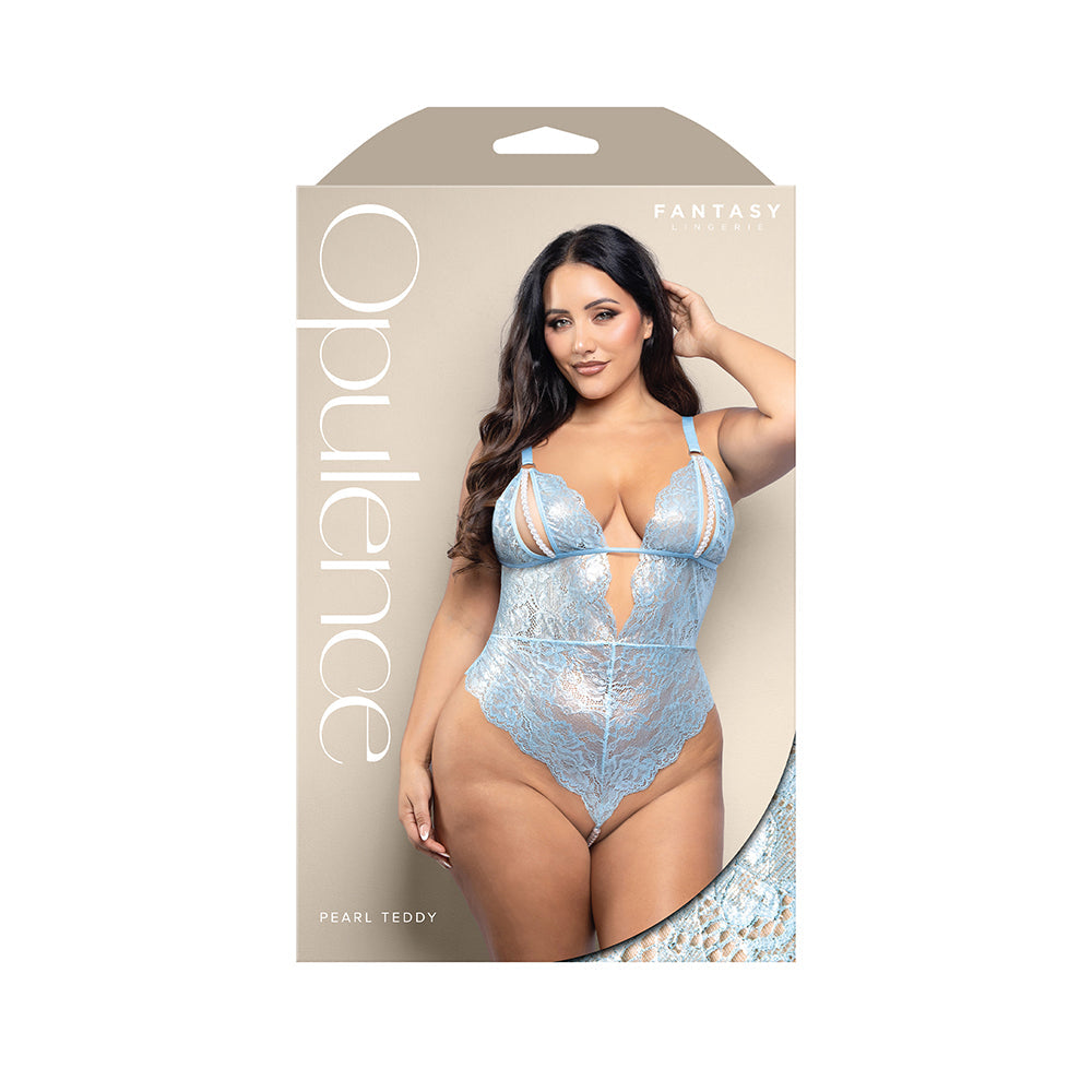Fantasy Lingerie Opulence Split Pearl Cup Open-Back Teddy – Light Blue – Queen Size