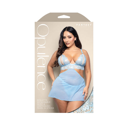 Fantasy Lingerie Opulence Split Pearl Cup Bralette with Detachable Skirt and Adjustable Pearl G-String - Light Blue - Queen Size