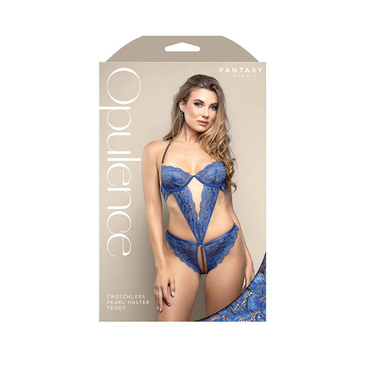Fantasy Lingerie Opulence Pearl Halter Open Crotch Teddy with Adjustable Pearl String – Royal Blue L/XL