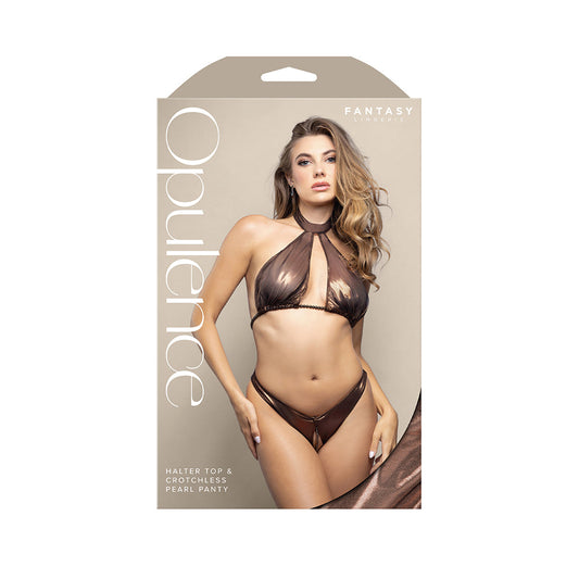 Fantasy Lingerie Opulence Pearl Underbust Halter Top & Adjustable Pearl String Open Panty - Chocolate L/XL