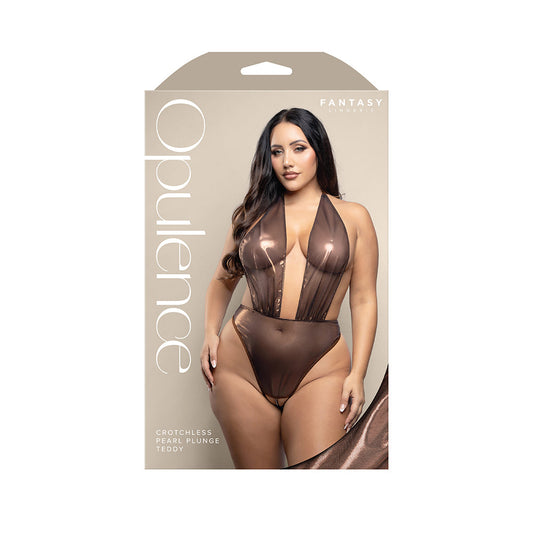 Fantasy Lingerie Opulence Crotchless Halter Teddy with Adjustable Pearl G-String – Chocolate Queen Size