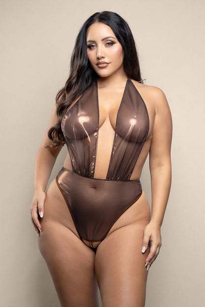 Fantasy Lingerie Opulence Crotchless Halter Teddy with Adjustable Pearl G-String – Chocolate Queen Size
