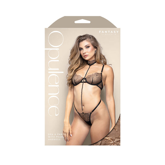 Fantasy Lingerie Opulence Underwire Bra & G-String Set with Removable Pearl Harness – Black M/L