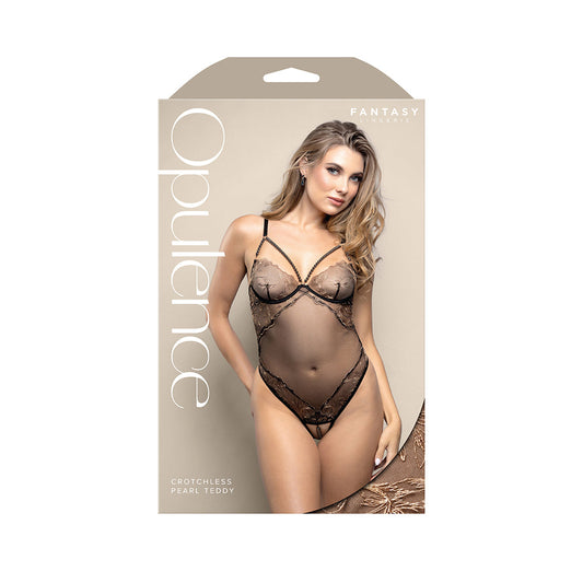 Fantasy Lingerie Opulence Crotchless Teddy with Pearl Cage Neckline and Adjustable G-String – Black S/M