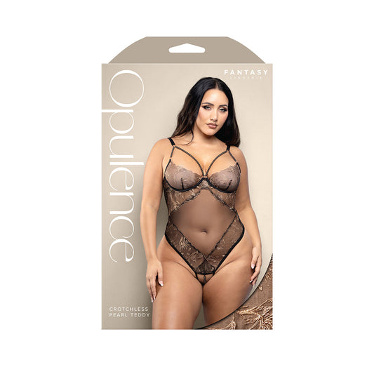 Fantasy Lingerie Opulence Crotchless Teddy with Pearl Cage Neckline - Black - Queen Size