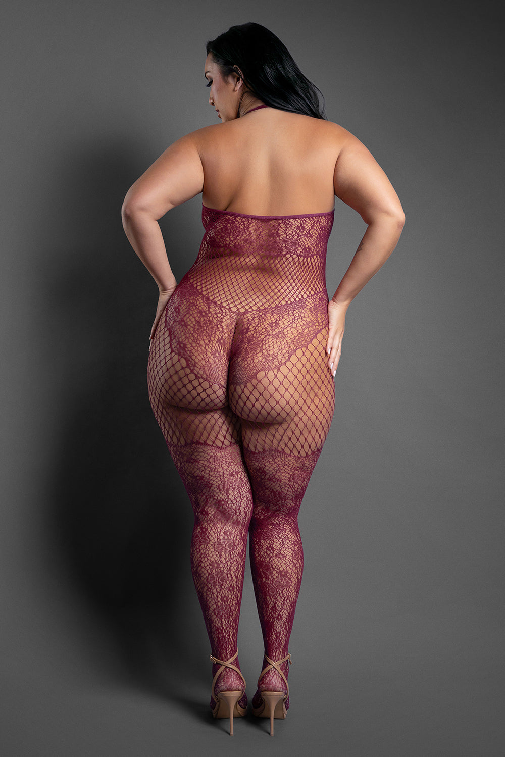 Fantasy Lingerie Sheer Our Moment Crotchless Halter Bodystocking - Wine Red - Queen Size