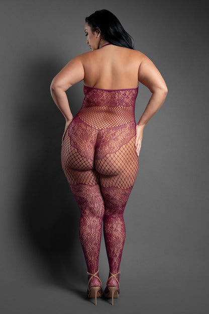 Fantasy Lingerie Sheer Our Moment Crotchless Halter Bodystocking - Wine Red - Queen Size