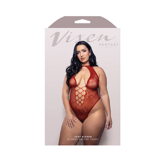 Fantasy Lingerie Vixen Just Kissed Halter Tie Plunge Teddy – Red – Queen Size