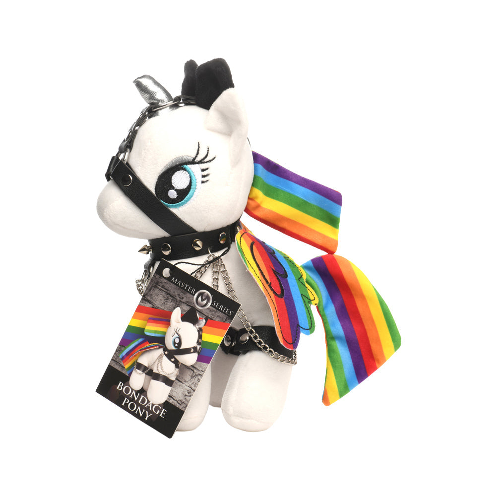Master Series Prism Pearl Bondage Pony Plushie with Silver Horn and Harness – White/Rainbow