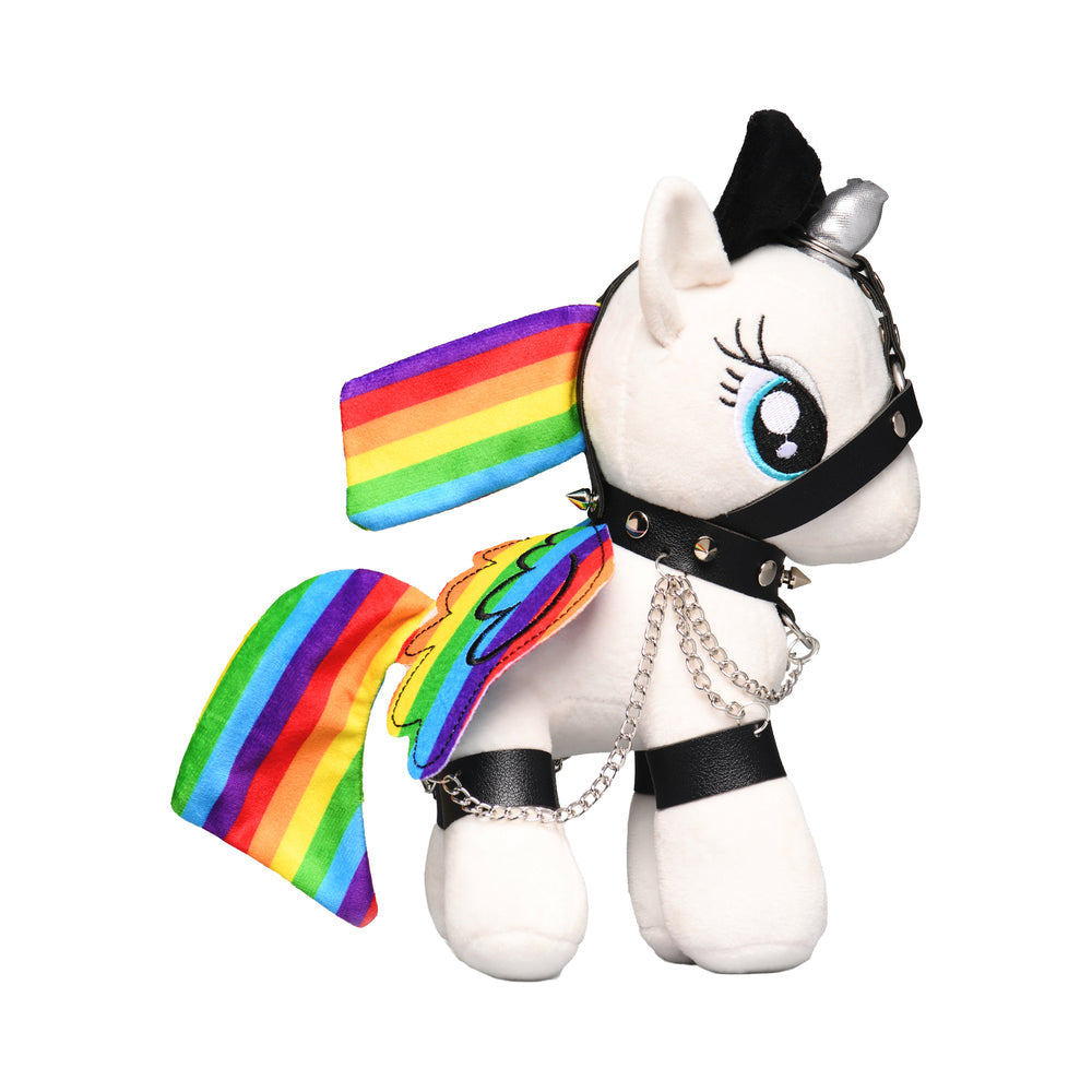 Master Series Prism Pearl Bondage Pony Plushie with Silver Horn and Harness – White/Rainbow