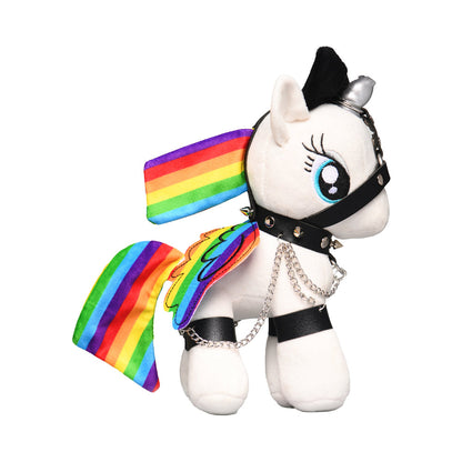 Master Series Prism Pearl Bondage Pony Plushie with Silver Horn and Harness – White/Rainbow