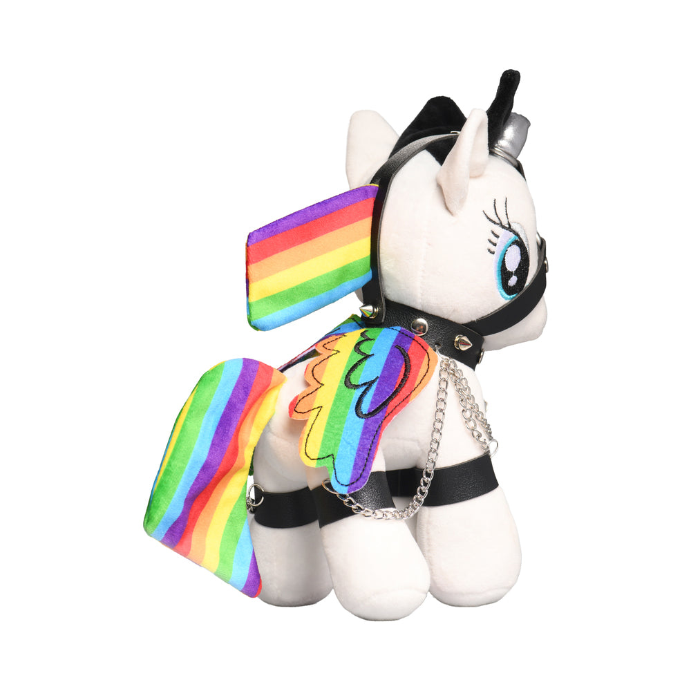 Master Series Prism Pearl Bondage Pony Plushie with Silver Horn and Harness – White/Rainbow