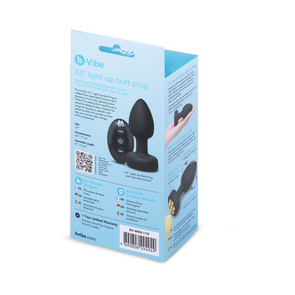 b-Vibe 3.5" Light-Up Butt Plug - Rotating and Vibrating with Multi-Color Base - Black