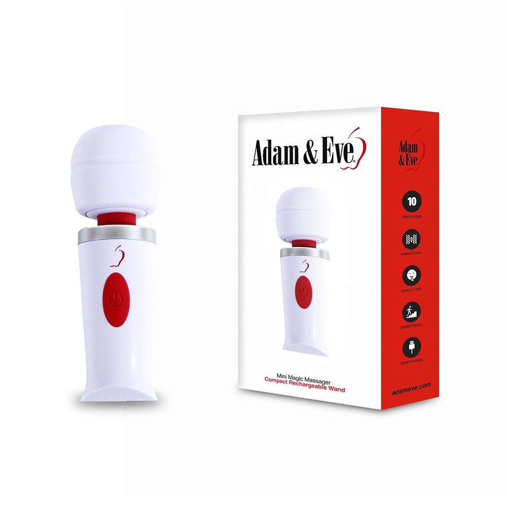Adam & Eve Mini Magic Massager – Mini Wand Massager with 10 Vibration Speeds – White
