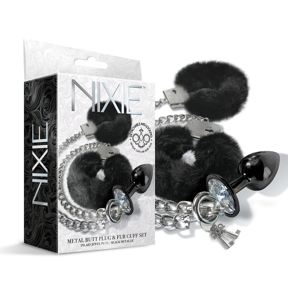 NIXIE Medium Metal Butt Plug and Furry Handcuff Set – Black