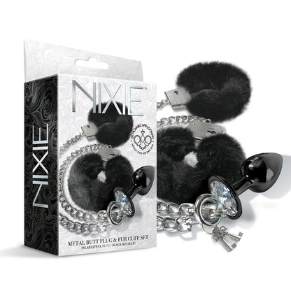 NIXIE Medium Metal Butt Plug and Furry Handcuff Set – Black