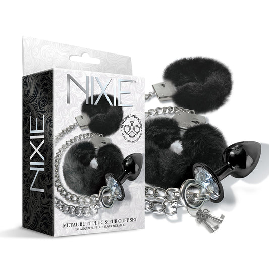 NIXIE Medium Metal Butt Plug and Furry Handcuff Set – Black