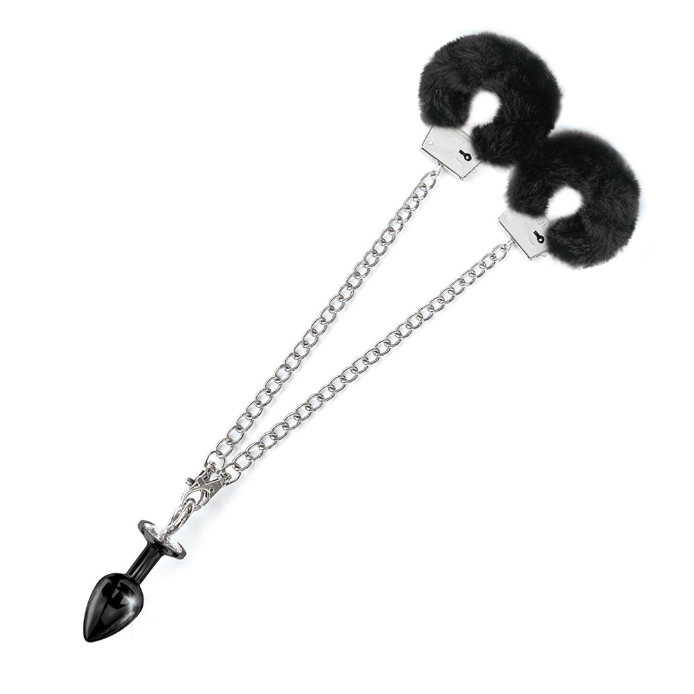 NIXIE Medium Metal Butt Plug and Furry Handcuff Set – Black
