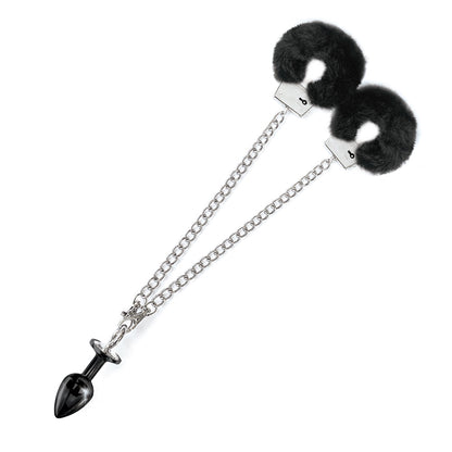 NIXIE Medium Metal Butt Plug and Furry Handcuff Set – Black