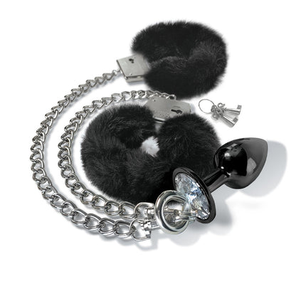 NIXIE Medium Metal Butt Plug and Furry Handcuff Set – Black