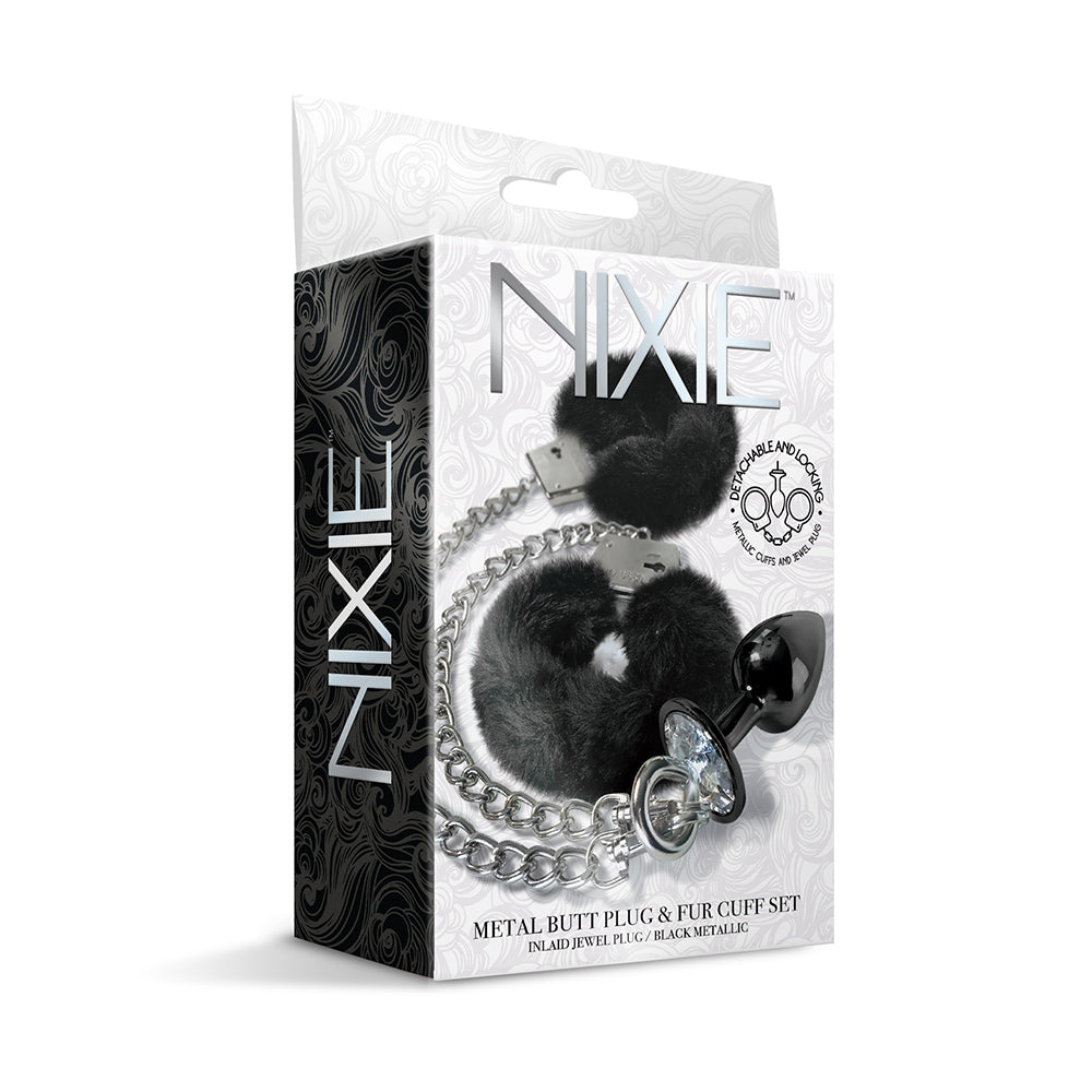 NIXIE Medium Metal Butt Plug and Furry Handcuff Set – Black