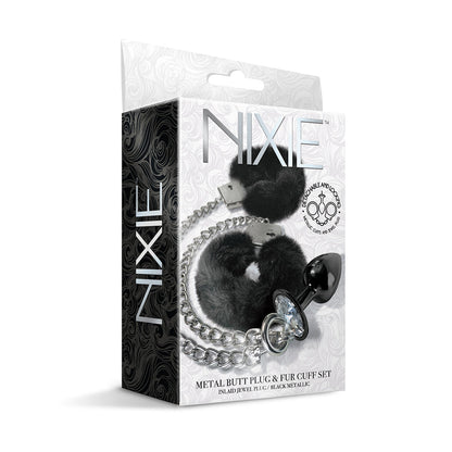 NIXIE Medium Metal Butt Plug and Furry Handcuff Set – Black