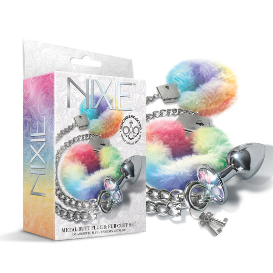 NIXIE Metal Butt Plug & Furry Handcuff Set Medium – Silver/Rainbow