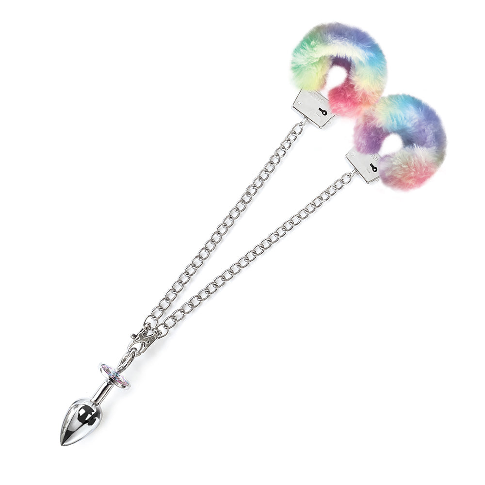 NIXIE Metal Butt Plug & Furry Handcuff Set Medium – Silver/Rainbow