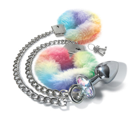NIXIE Metal Butt Plug & Furry Handcuff Set Medium – Silver/Rainbow