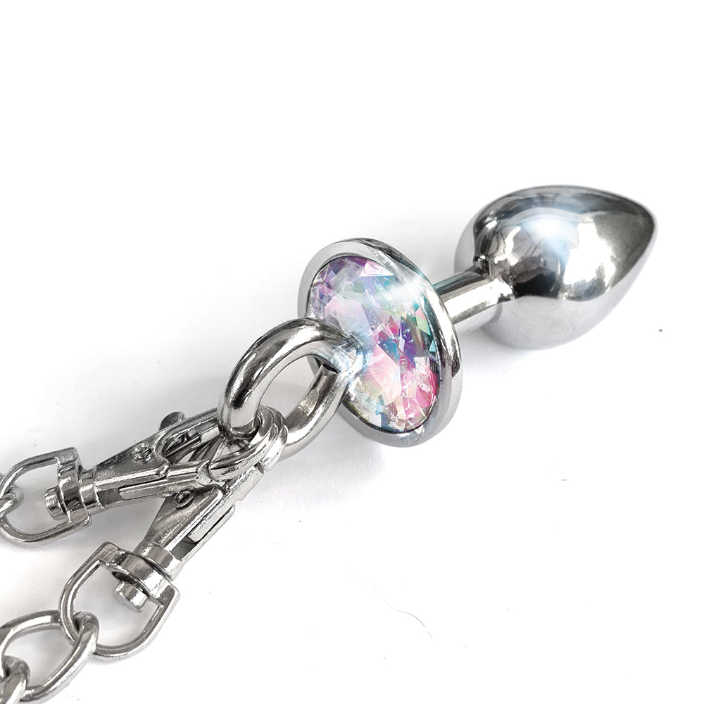 NIXIE Metal Butt Plug & Furry Handcuff Set Medium – Silver/Rainbow