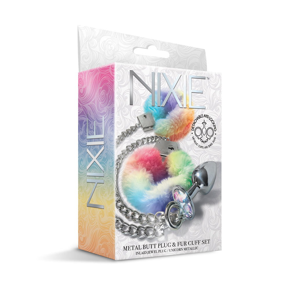 NIXIE Metal Butt Plug & Furry Handcuff Set Medium – Silver/Rainbow