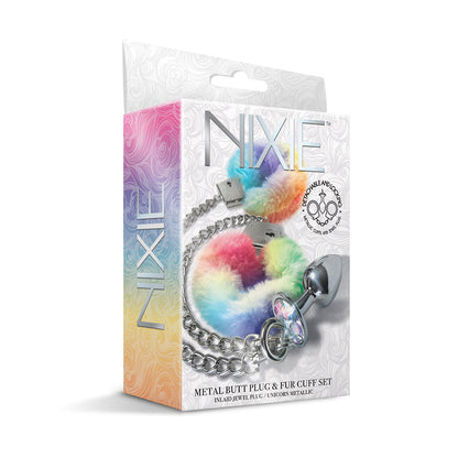 NIXIE Metal Butt Plug & Furry Handcuff Set Medium – Silver/Rainbow