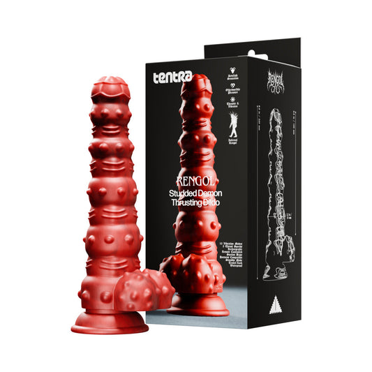 Tentra Rengol Studded Demon Thrusting Dildo – Red – 10 Vibration Modes